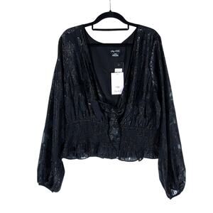 City Chic Womens Black 18 Plus Size Metallic Burnout Blouse Glamcore V-Neckline